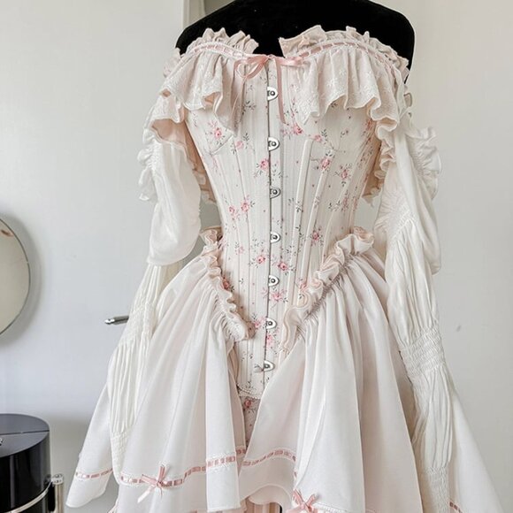 NWT White and Pink Floral Print Corset Top + Bloomers + Train Dress - Picture 2 of 9